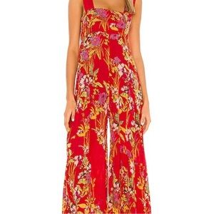 RARE Free People Aloha Jumpsuit in boho red floral flowers
